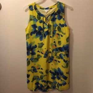 Yellow dress with blue flowers.